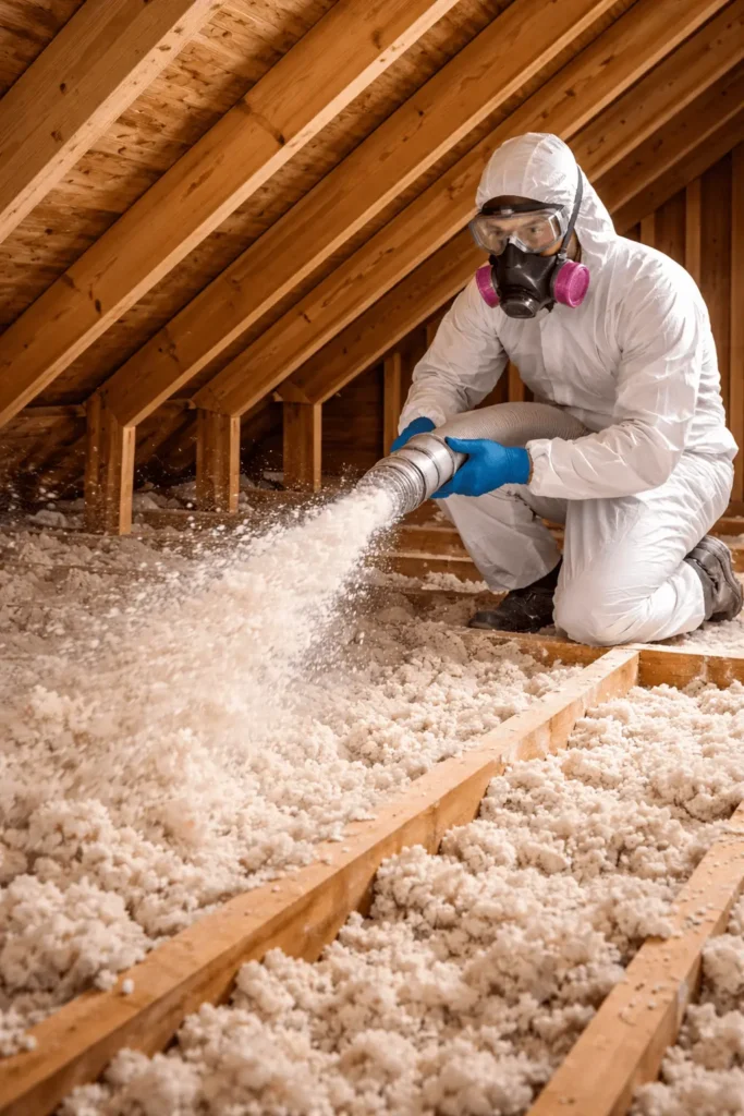 PolarCore technician installing attic insulation