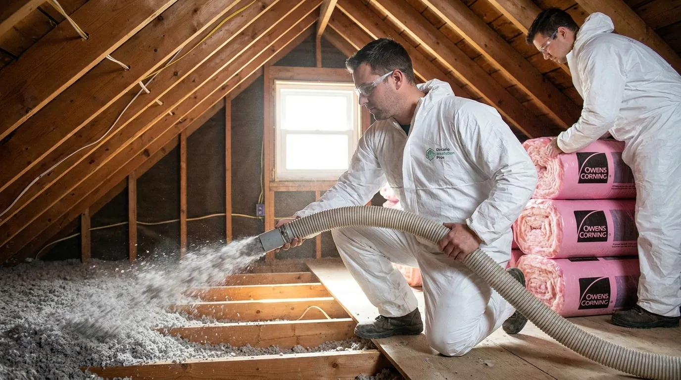 Contractor installing blown-in attic insulation
