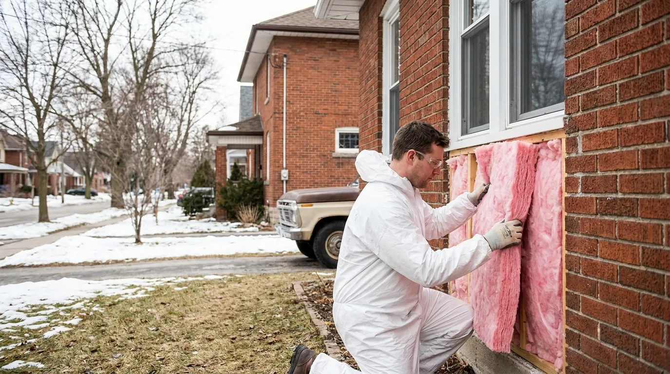 Insulated brick family home on a tree-lined street in London, Ontario during winter