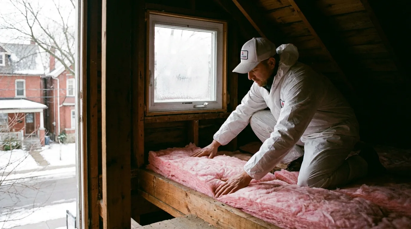 Installer fitting pink attic insulation in a Toronto home